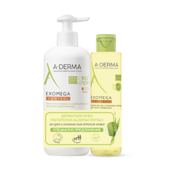 A-DERMA Комплект A-Derma Exomega Control Емолиентно мляко против разчесване 400мл + Почистващ гел 2в1 200мл