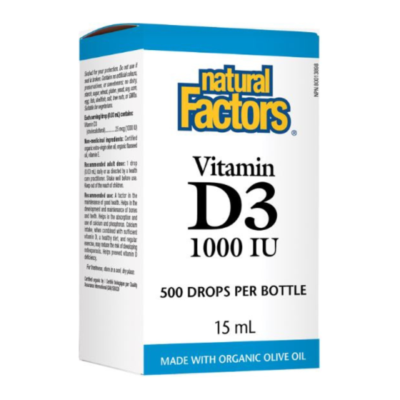 NATURAL FACTORS Витамин D3 1000IU (течен) 15мл в подкрепа на костите и имунитета Natural Factors