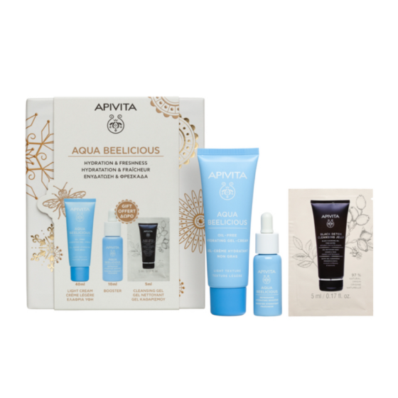 APIVITA Комплект Apivita Aqua Beelicious Лек гел-крем 40мл + Бустер за лице 10мл + Black Detox Почистващ гел