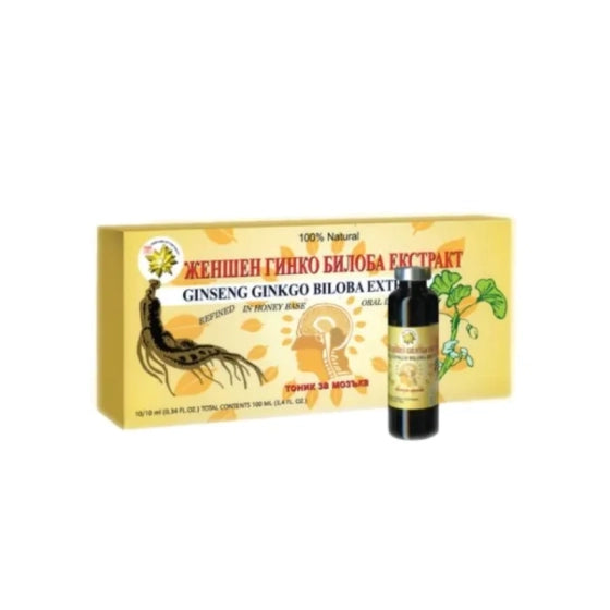 GINSENG+GINKO BILO Жен шен + гинко билоба флакони за памет и жизнена активност 10мл х10