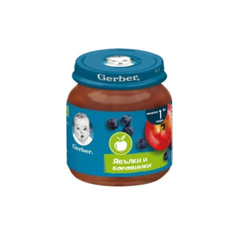 compare product Gerber Храна за бебета Пюре от ябълки и боровинки моето 1-во пюре, 125g, бурканче