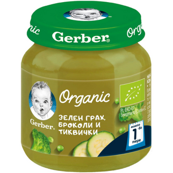 compare product Gerber Organic Храна за бебета Пюре от зелен грах, броколи и тиквички моето 1-во пюре, 125g, бурканч