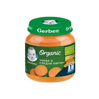 compare product Gerber Organic Храна за бебета Пюре от тиква и сладък картоф моето 1-во пюре, 125g, бурканче