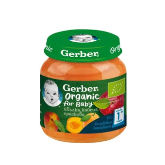compare product Gerber Organic Храна за бебета Пюре от ябълка, кайсия и праскова oт 6-ия месец, 125g бурканче