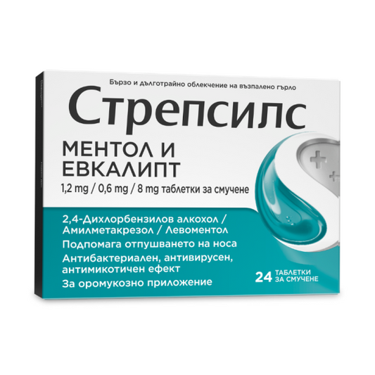 STREPSILS Стрепсилс ментол и евкалипт  при възпалено гърло х24