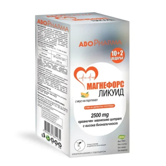 ABOPHARMA Магнефорс Ликуид Магнезиев цитрат 2500 мг х 10+2 стика с вкус на портокал Abopharma - Снимка 1 от 2