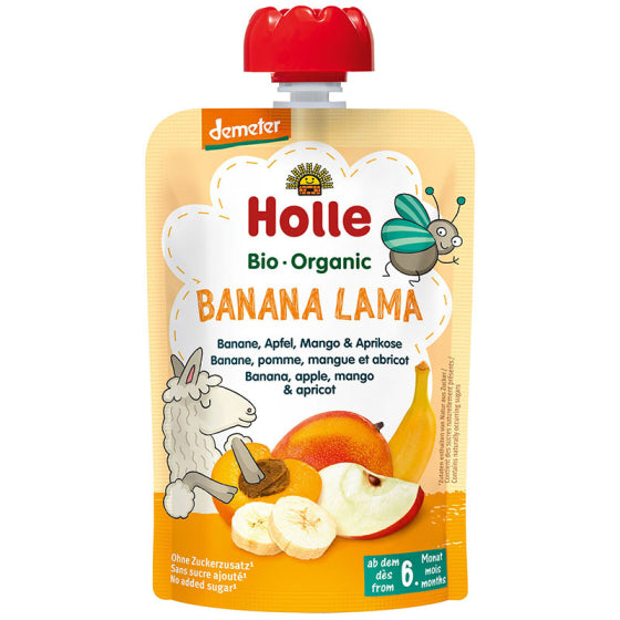 Holle Био пюре пaуч с банан, ябълка, манго и кайсия 6+ месеца 100г