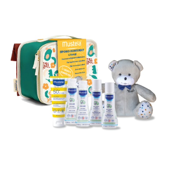 MUSTELA Комплект Mustela Слънцезащитен лосион SPF50+ 40мл + Мече Мусти + Несесер + 4 мини продукта