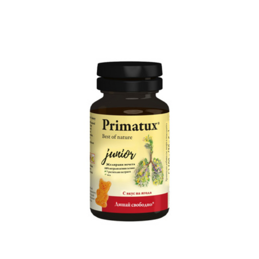 ABOPHARMA Primatux Джуниър за гърло и дихателни пътища с вкус на ягода 20 желирани мечета