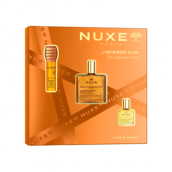 NUXE Комплект Nuxe Сухо олио със златисти частици 50мл + Грижа за устни 10мл + Сухо олио 10мл